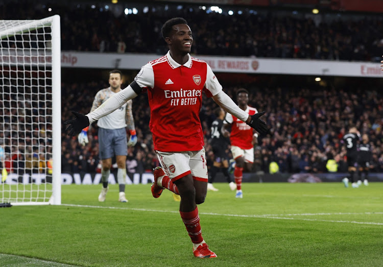 Arsenal's Eddie Nketiah celebrates scoring their third goal in their Premier League win against West Ham United at Emirates Stadium in London on December 26 2022.