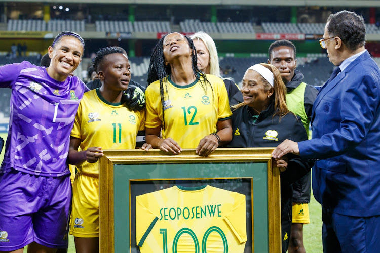 Jermaine Seoposenwe of South Africa during the 2024 Paris Olympic Games, Qualifier match between South Africa and Tanzania at Mbombela Stadium on February 27, 2024 in Nelspruit, South Africa.