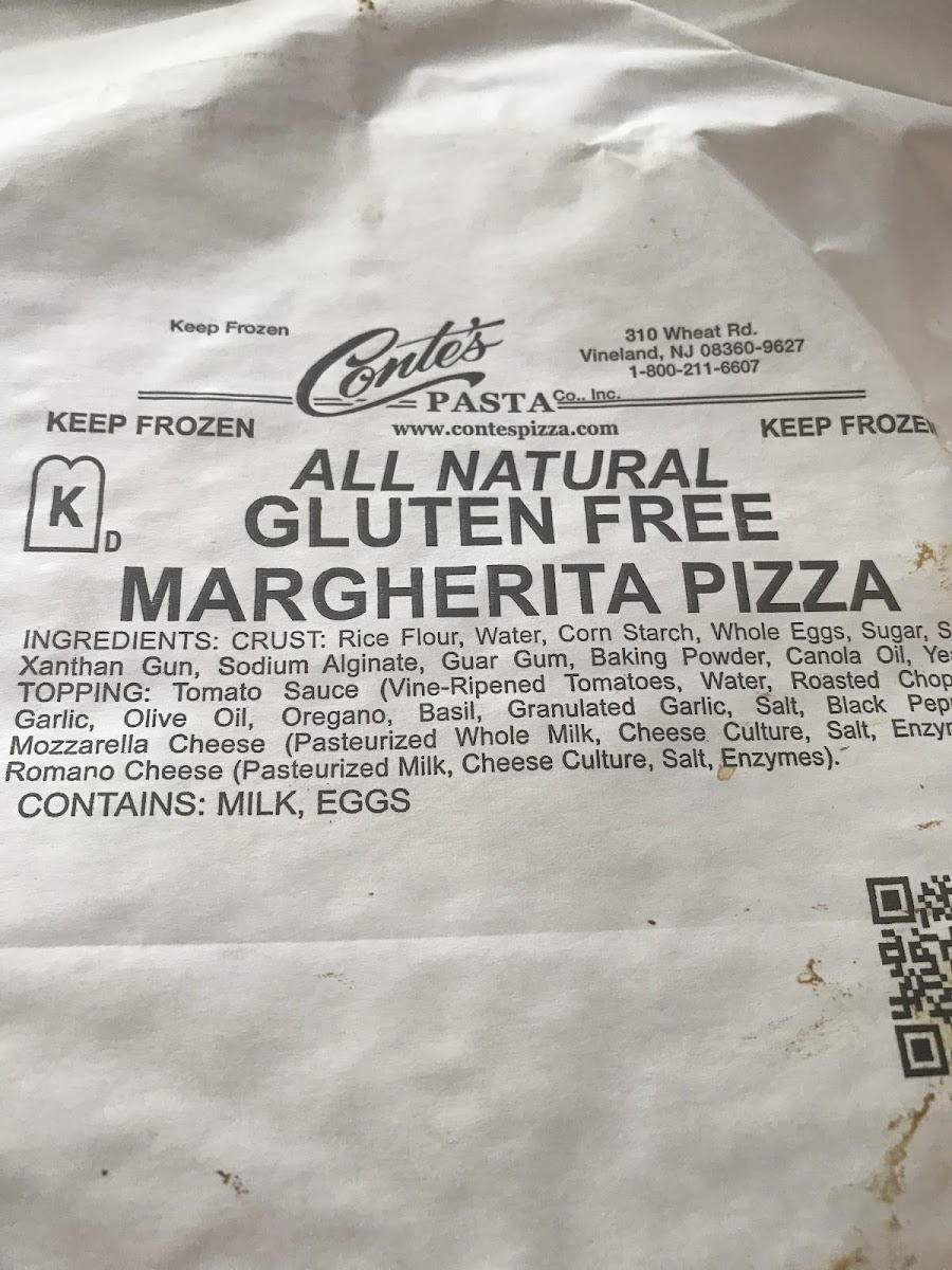 Ingredients of the pizza displayed on the back.