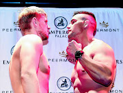 Denmark's  Mickie Nielsen, left, and Kevin 'KO Kid' Lerena face off at the pre-fight medical yesterday ahead  of their cruiserweight Super 4 final to take place at Emperors Palace on Saturday night. PHOTO: Nick Lourens