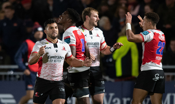 Emirates Lions celebrate at full time of their BKT United Rugby Championship match against Edinburgh at the DAM Health Stadium, on October 07, 2022, in Edinburgh, Scotland.