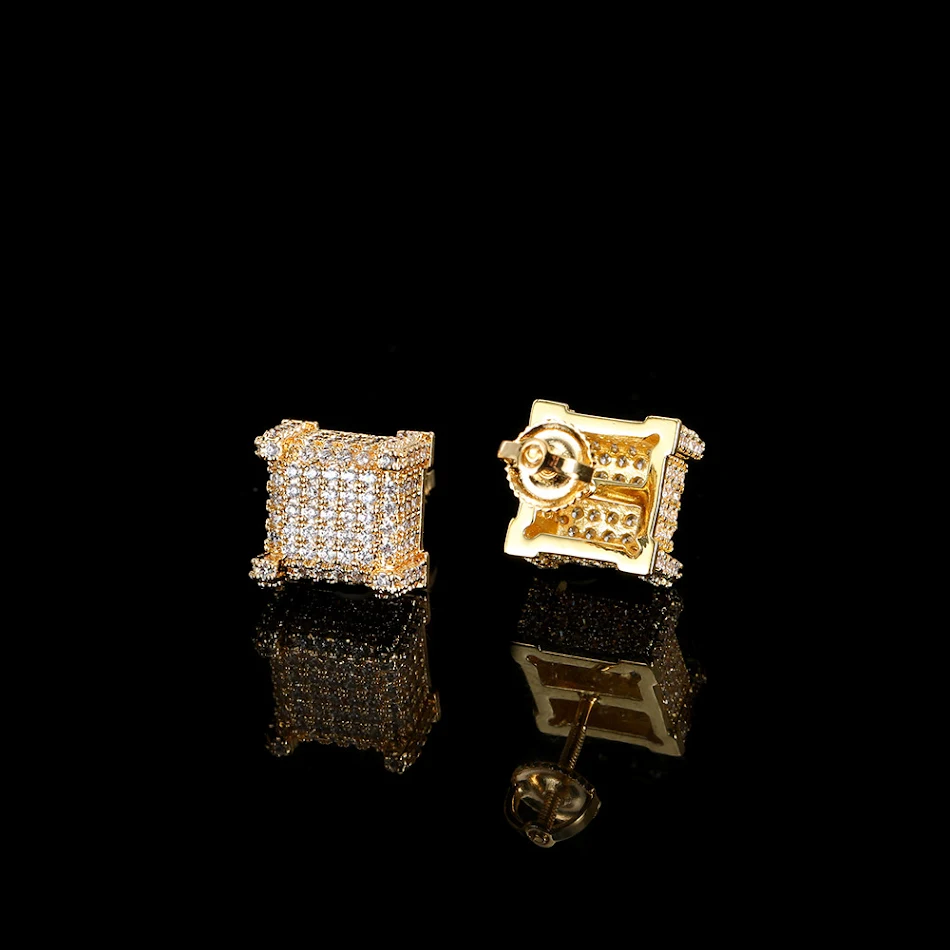 Clous d'oreilles carrés en zircon micro-incrusté style hip hop européen, pour un look tendance et original.