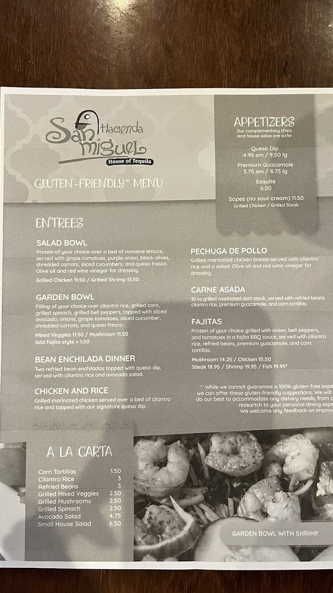 Hacienda San Miguel: House of Tequila gluten-free menu