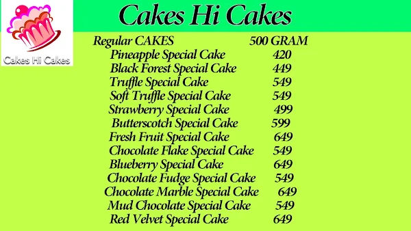 Cakes Hi Cakes menu 