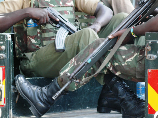 A file photo of Police officers on patrol. Two cops are missing after a suspected al Shaabab attack in Garissa. Photo/File