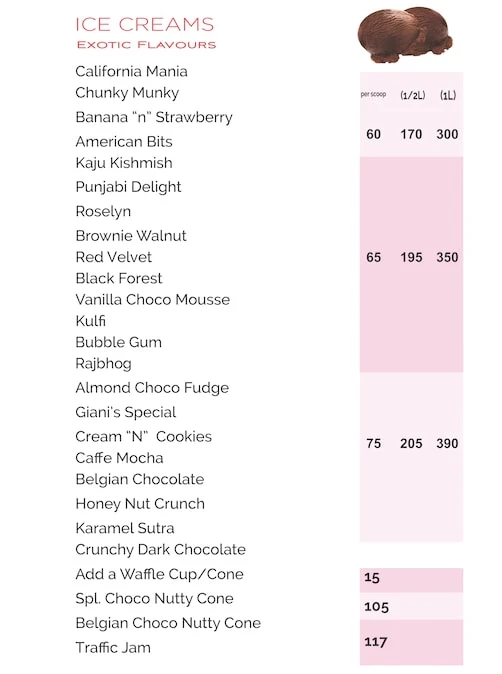 Giani's Ice Cream menu 