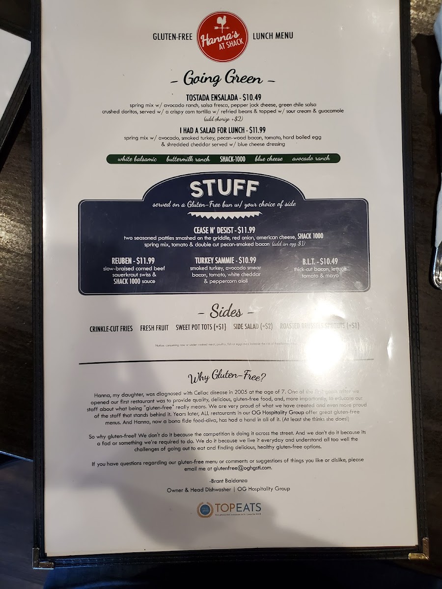 The Shack gluten-free menu