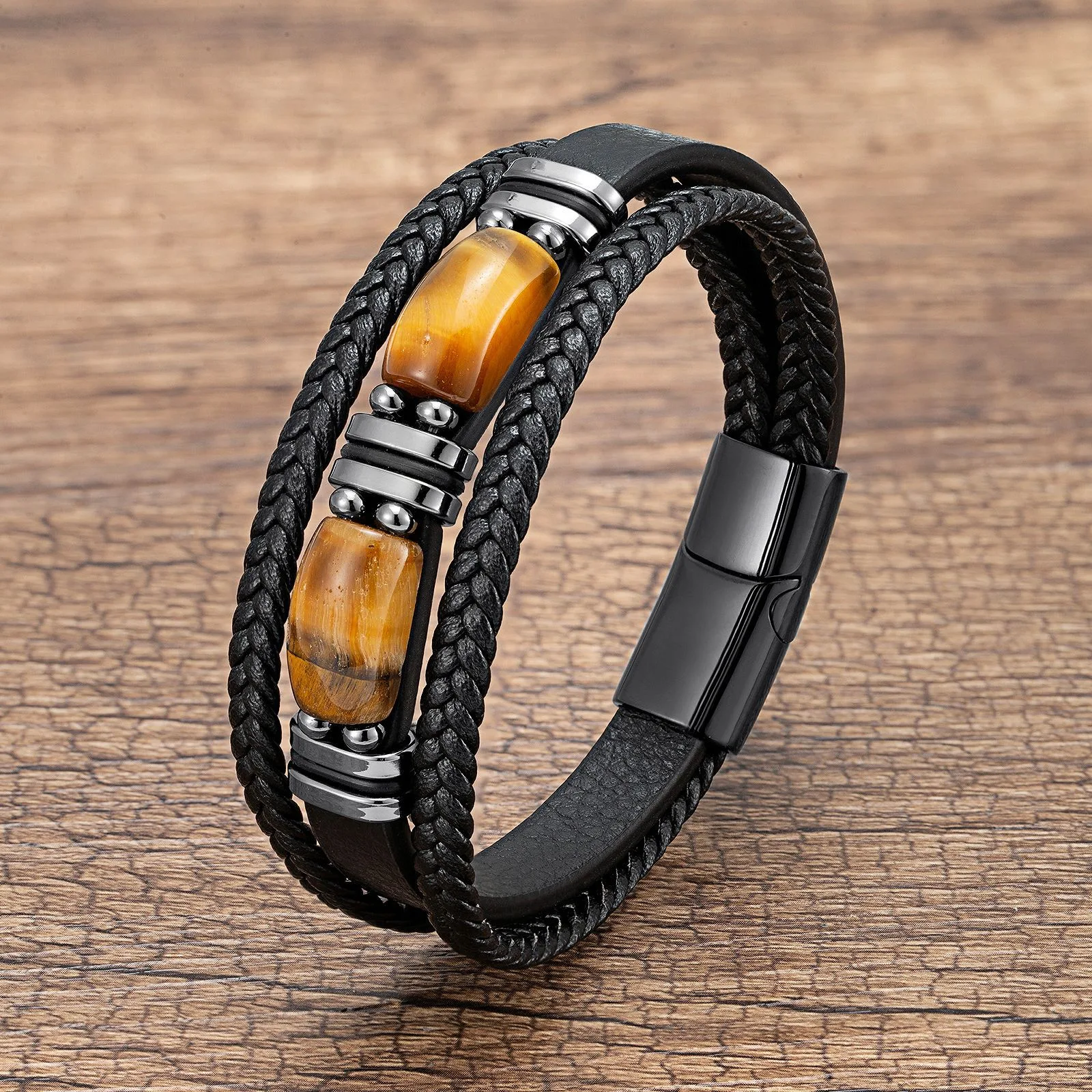 Title 6, Tijgeroog Armband Heren Meerlaags Leer Touw Roe...