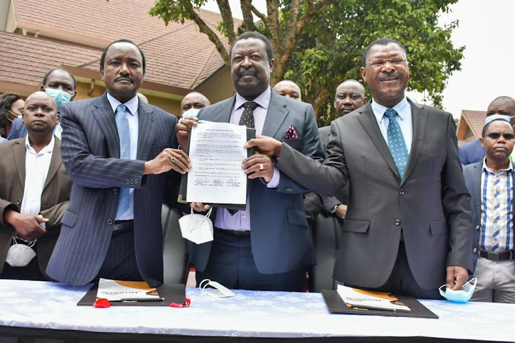 Wiper leader Kalonzo Musyoka, ANC's Musalia Mudavadi and Ford Kenya leader Moses Wetang'ula signed an agreement certificate to officially leave NASA coalition and to officially be part of the One Kenya Alliance party on August 2,2021