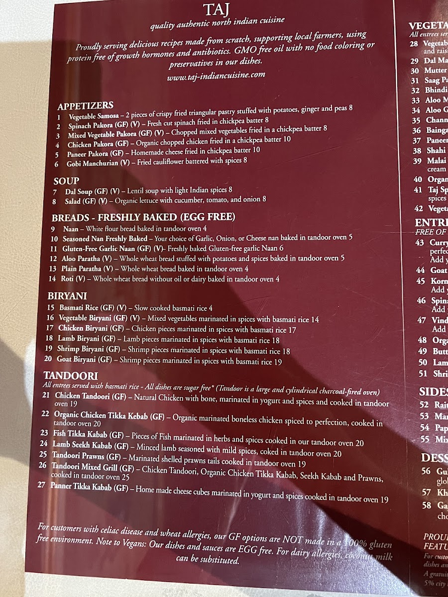 Taj Indian Cuisine gluten-free menu