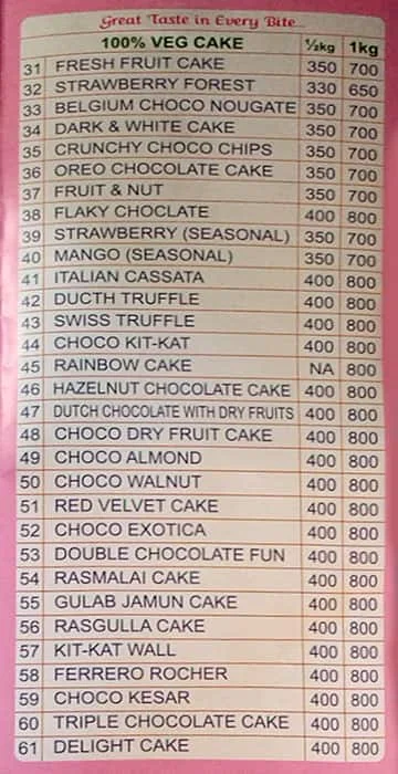 Bakealicious menu 