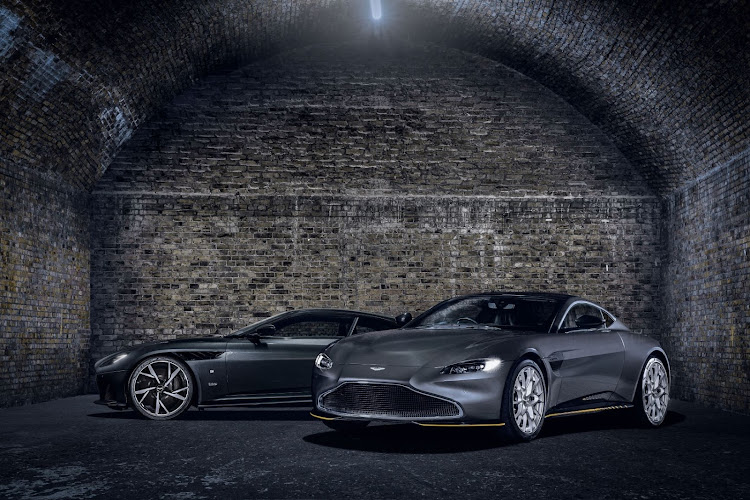 The new Aston Martin DBS Superleggera, left, and Aston Martin V8 Vantage 007 Edition models have been built to celebrate the release of the 25th James Bond film, 'No Time to Die'.