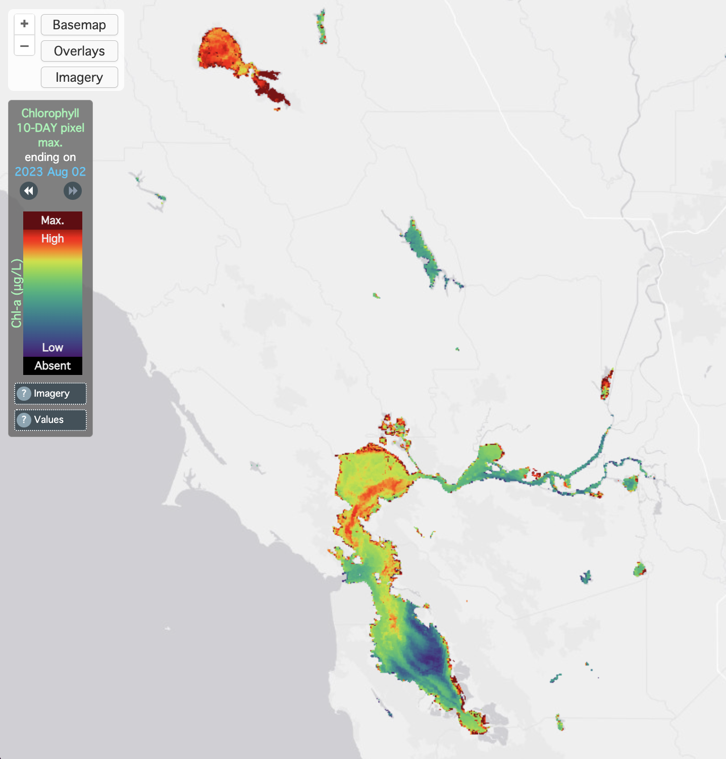 A map of the Bay Area colored in only where there's water. More vibrant colors appear in some areas. 