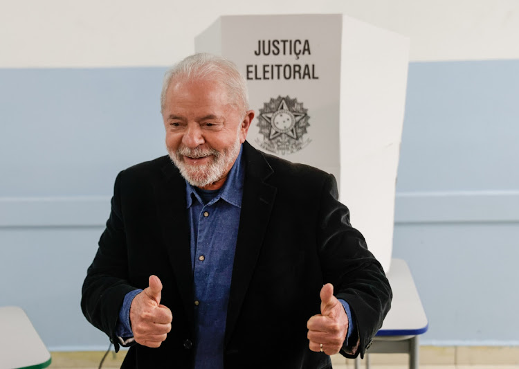 Former president of Brazil and Candidate of Worker's Party Luiz Inacio Lula da Silva gestures after voting during presidential election, in Sao Bernardo do Campo, Brazil, October 2 2022. Picture: ALEXANDRE SCHNEIDER/GETTY IMAGES