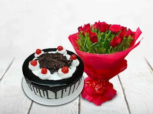 Black Forest Heart Shape Cake With 10 Red Rose Bunch