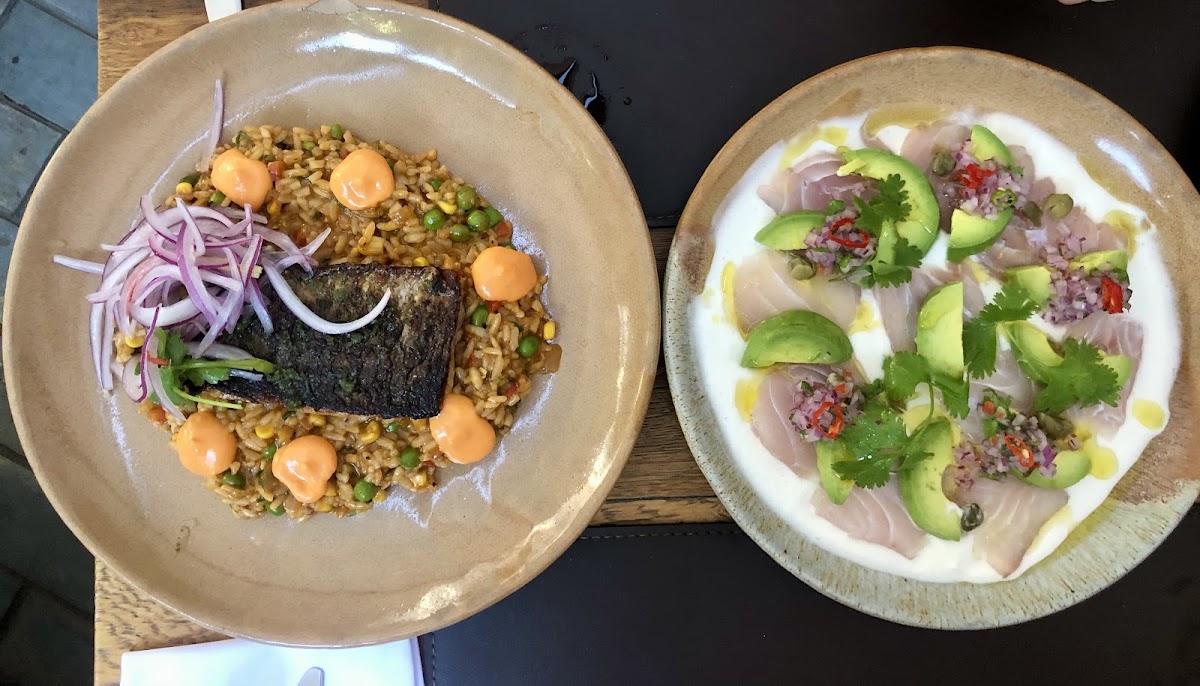 Fish with risotto and white fish tiradito with leche de tigre