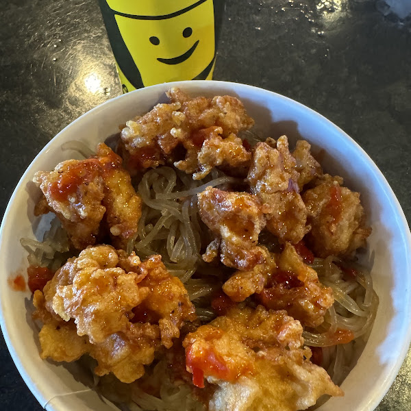 GF Ugly Bop - Gluten-free Fried Chicken. Served with rice, cabbage mix, and Gluten-free noodles.