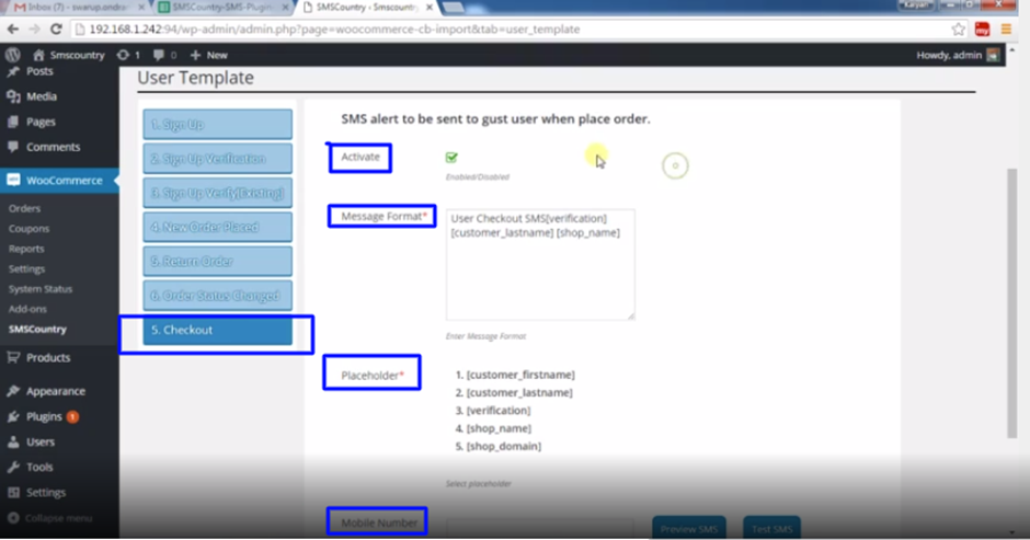 Checkout page SMS template in WooCommerce
