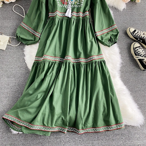 Title 14, Embroidered V-neck Tassel Lace-up Large Swing D...