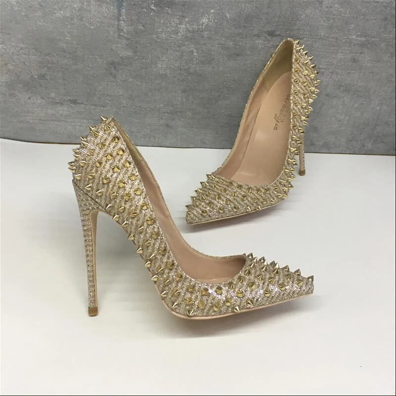 Women's Shoes Golden Ladies Rivet High Heels Net Red 12CM for a bold and fashionable statement, perfect for evening wear