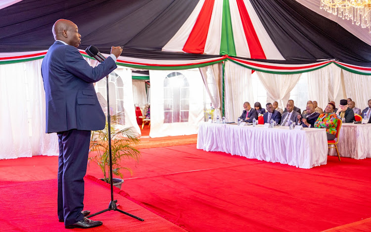 Deputy President Rigathi Gachagua chairs the National Disaster Response Technical Committee on reviewing the multi-agency mitigation measures against the negative impact of the enhanced rainfall at his Official Residence in Karen, Nairobi, on April 26, 2024.