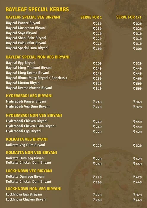 Bayleaf Biryani menu 