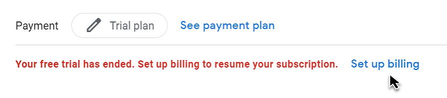 Shows option to set up billing