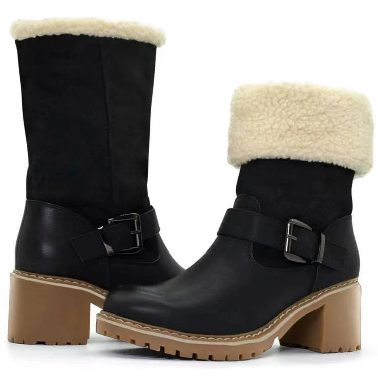 Modieuze laarzen met gesp, dikke hak, warme winterschoenen, ronde neus, westernlaarzen voor dames. Perfect voor de winter en stijlvol.