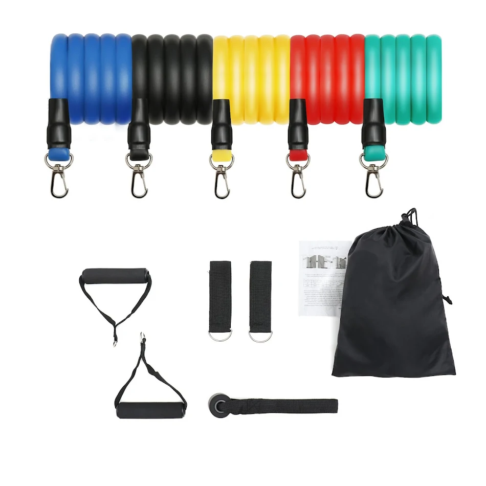 11-delige TPE latex fitness set voor thuis. Compleet lichaamstraining met weerstandsbanden voor effectieve oefeningen. Thuis fitnessen.