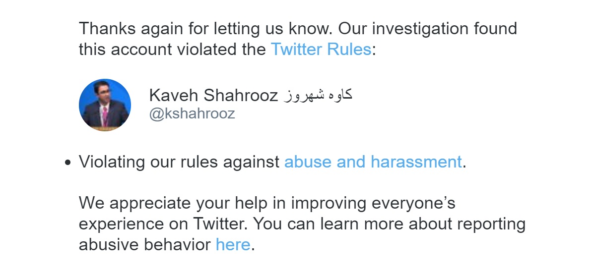 Twitter: Kaveh Shahrooz Violated Rules Against "Abuse and Harassment"