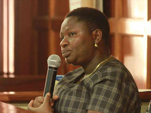 Umazi Malingi from the International Justice Mission testifies during the hearing of the Willie Kimani murder case at the Milimani law court on Tuesday,February 28. PHOTO/COLLINS KWEYU