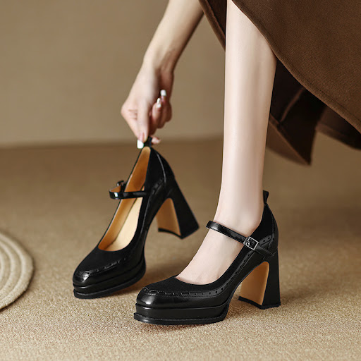 Title 5, Leather High Heels Female French Retro. Elevate...