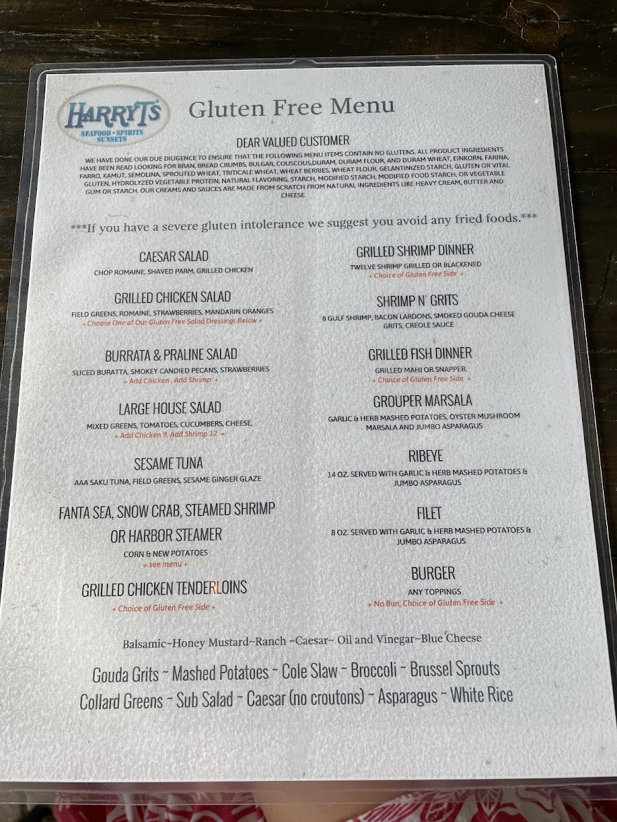 Harry T's Lighthouse gluten-free menu