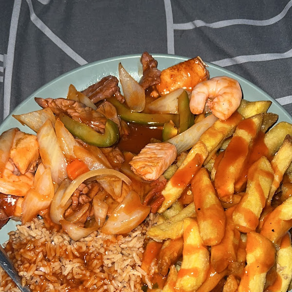 House special In Cantonese sauce, egg fried rice and salt and pepper chips