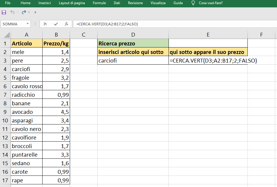 Le 7 funzioni più usate di Excel - cerca.vert 1