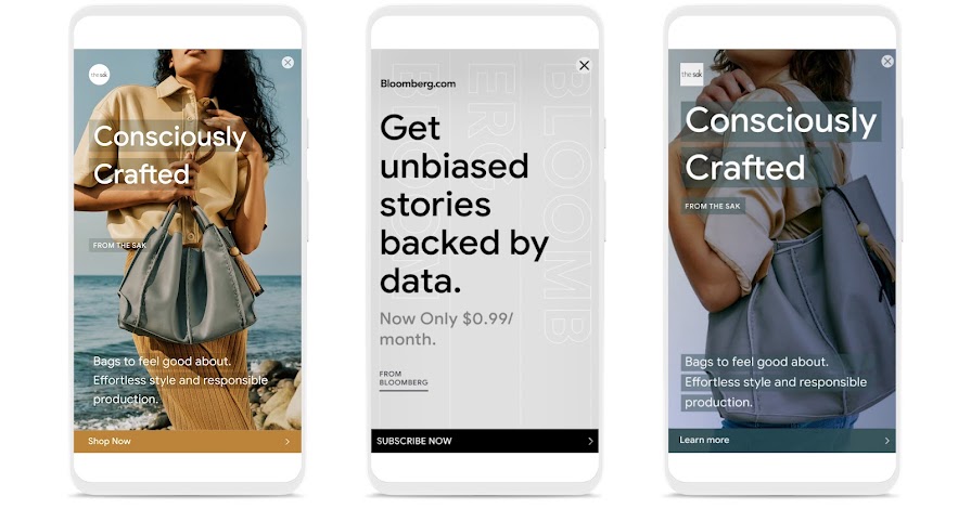 Three examples of the new responsive display ads on a mobile phone