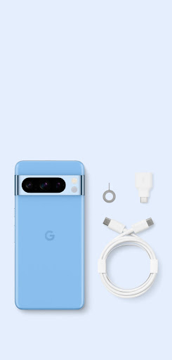 Pixel 8 Pro in Bay. Daneben liegen ein USB-C-auf-USB-C-Kabel, ein Quick Switch Adapter und ein SIM-Tool.