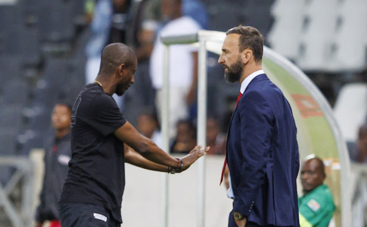 Mamelodi Sundowns coach Rulani Mokwena and his TS Galaxy counterpart Sead Ramović during their Carling Knockout clash at Mbombela Stadium on October 18 2023.