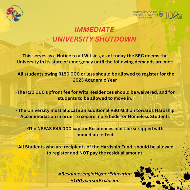 Wits University's student representative council submitted a memorandum with a list of demands to help students who are struggling with historical debt and finding accommodation.