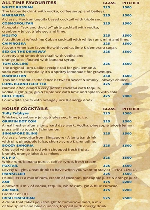 The Boozy Griffin menu 