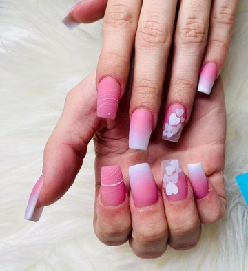  Pink And White Hearts Ombre Nail Designs