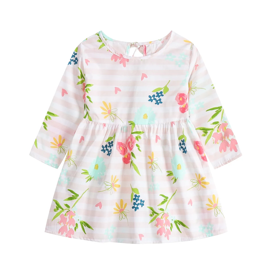 Vestido infantil floral de algodão com mangas compridas, ideal para primavera e outono. Confortável e estiloso, perfeito para ocasiões especiais.