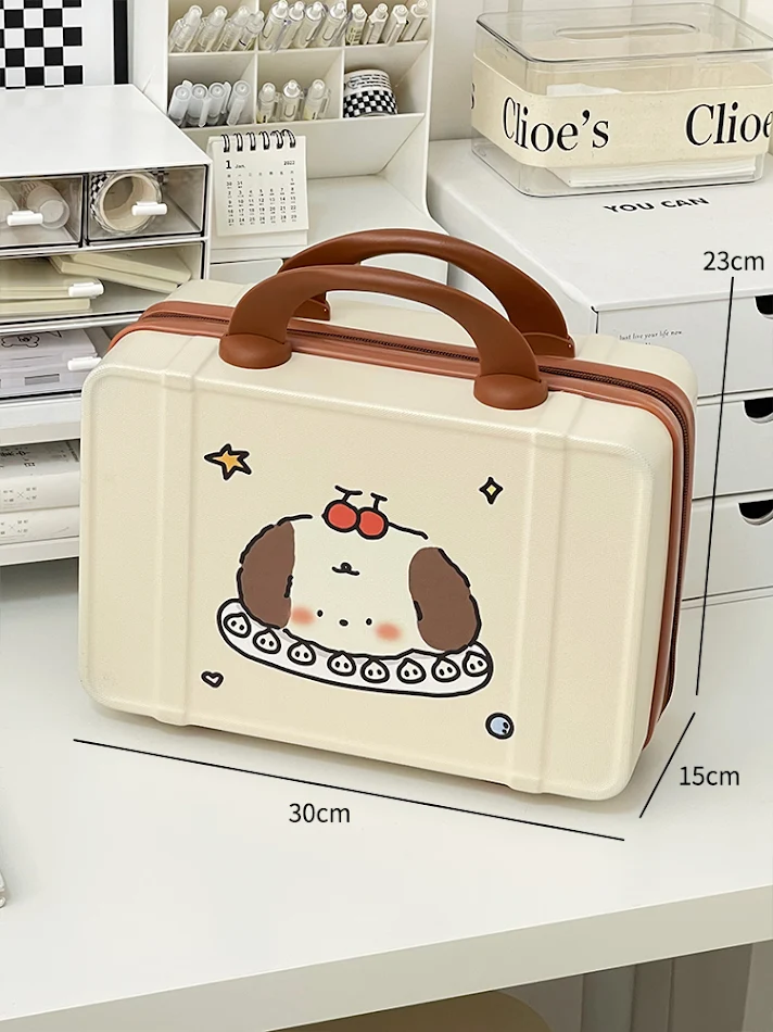 Valise de maquillage étudiante de 14 pouces avec roulettes, idéale pour cosmétiques et accessoires, parfaite pour les voyages et le quotidien.