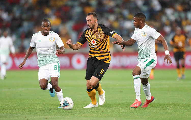 Samir Nurkovic of Kaizer Chiefs and (R)Siphelele Luthuliand (L)Mzwanele Mahashe of Bloemfontein Celtic during the Absa Premiership 2019/20 game between Kaizer Chiefs and Bloemfontein Celtic at Moses Mabhida Stadium in Durban the on 07 December 2019.