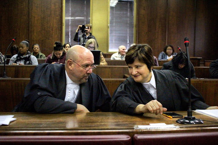 Henri van Breda’s lawyer, Piet Botha, and prosecutor Susan Galloway before the start the application for leave to appeal in the High Court in Cape Town on August 14 2018.