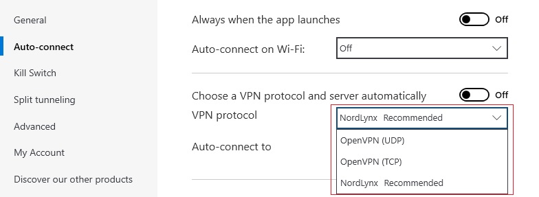 NordVPN protocol settings