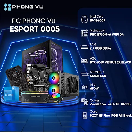 PC PV Esport 0005 (Intel Core i5-12400F/2 x 8GB/512GB SSD/GeForce RTX 4060/Free DOS)