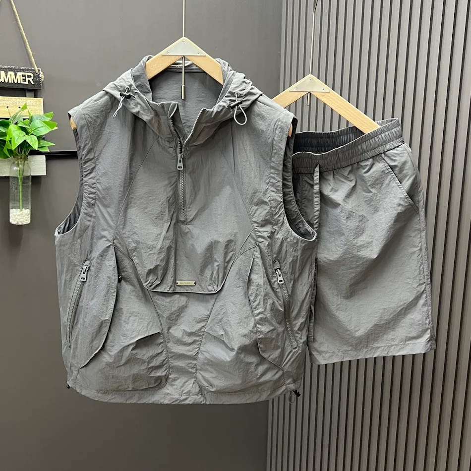 Men's Casual Hooded Vest Suit Summer Workwear Thin Loose Comfortable Lightweight Designed for Warm Weather and Easy Move