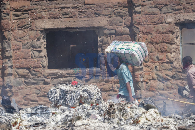 Property of unknown value has been destroyed by fire at Gikomba market on Monday November 8, 2021. PHOTO/WILFRED NYANGARESI.