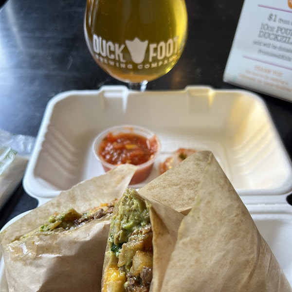 A California Burrito paired with a Duckfoot (2 doors down), GF reduced beer.